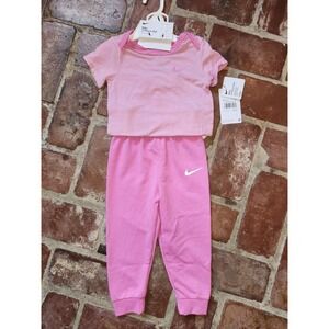 Nike Girls 2 Piece Bodysuit Pant Set in Pink with Stripes Size 24M Bamboo